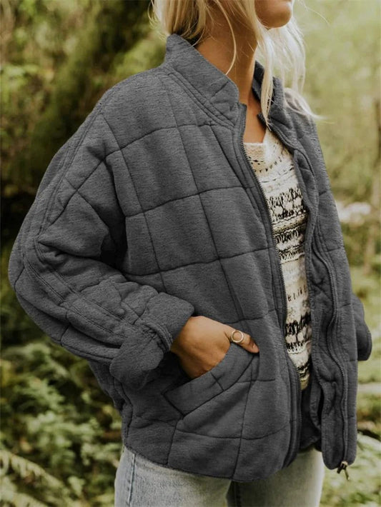 Women’s Quilted Jacket – Relaxed Fit – High Collar – Layer with Pockets