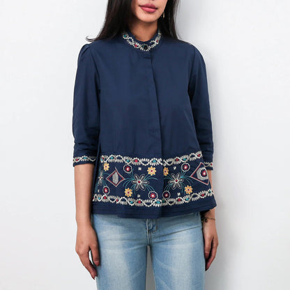 Women’s Tunic Blouse - Cotton - Relaxed Fit - High Collar - Embroidered Detail