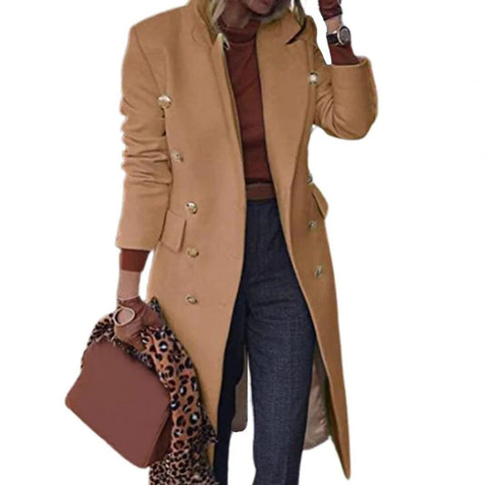 Women’s Double-Breasted Coat - Wool Blend - Tailored Fit - Decorative Buttons