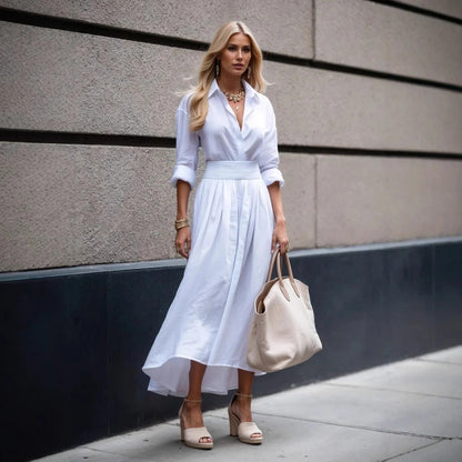 Women’s Midi Dress – Tailored Fit – Belted Waist – Asymmetrical Hem – Midi Length