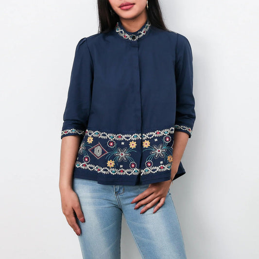 Women’s Tunic Blouse - Cotton - Relaxed Fit - High Collar - Embroidered Detail