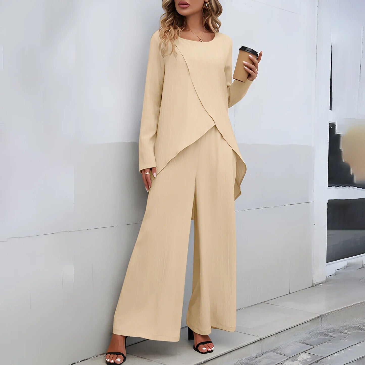 Women’s Two-Piece Set – Textured Woven – Asymmetrical Top – Wide-Leg Pants
