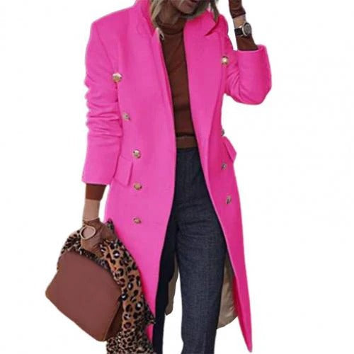 Women’s Double-Breasted Coat - Wool Blend - Tailored Fit - Decorative Buttons