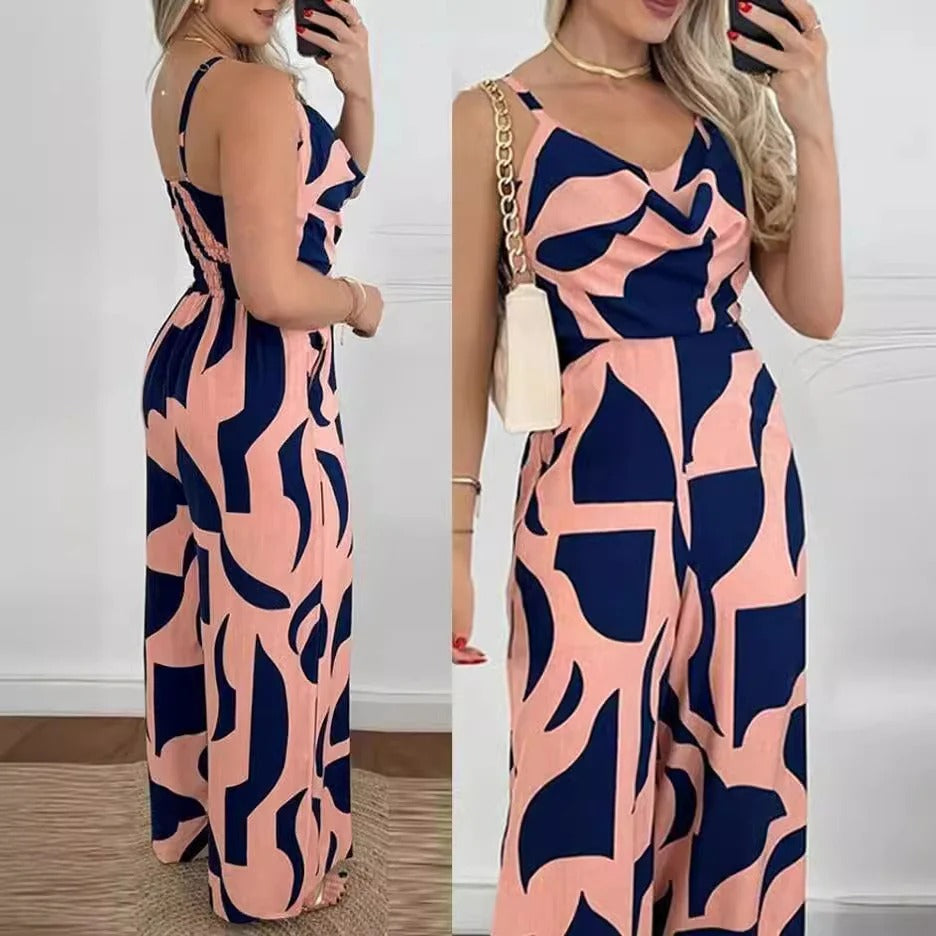 Women’s Jumpsuit – Tailored Fit – Draped Neckline – Floral Print – Wide Leg Design
