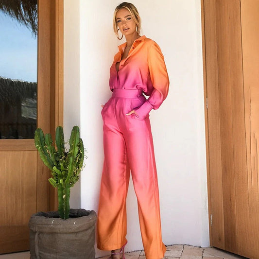 Women’s Two-Piece Set – Satin Look – Tailored Fit – Wide Leg – Belted Waist – Collared