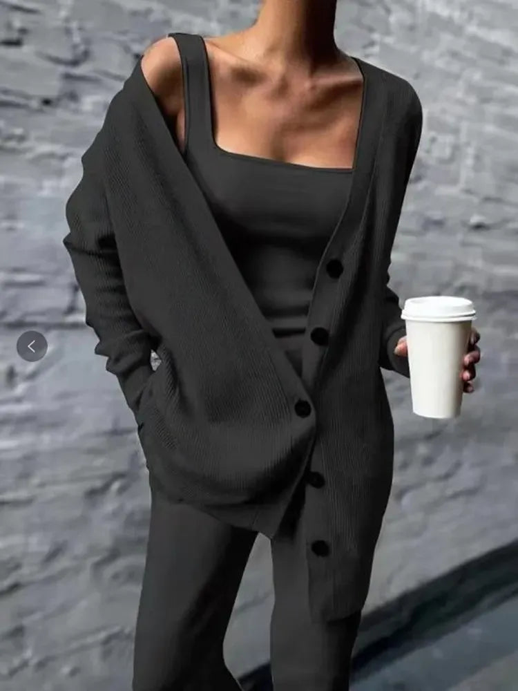 Women’s Lounge Set – Wool Blend Knit – Relaxed Fit – V-Neck – Button Front – Long Sleeve