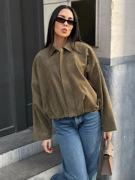 Women’s Transitional Jacket – Suede Texture – Relaxed Fit – Shirt Collar – Waist Length