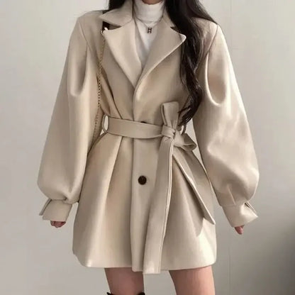 Women’s Trench Coat – Wool Blend – Belted Waist – Wide Lapel – Voluminous Sleeves