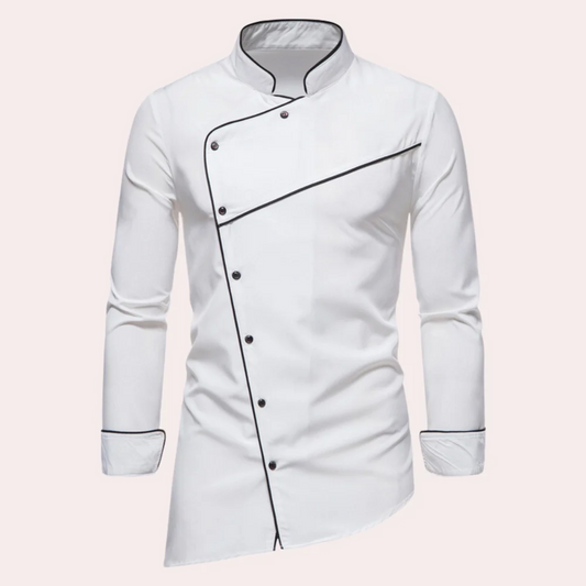 Men’s Shirt – Slim Fit – Woven Cotton – Stand Collar – Asymmetric Button – Piping Detail