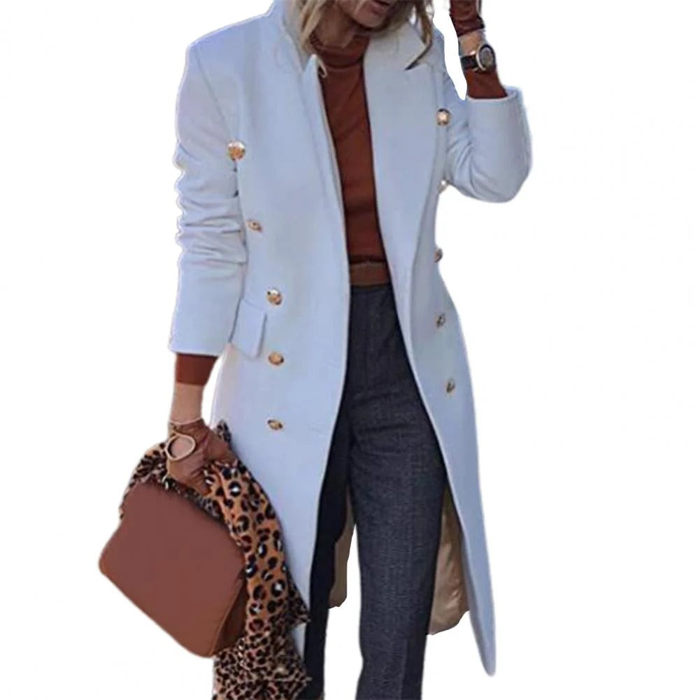 Women’s Double-Breasted Coat - Wool Blend - Tailored Fit - Decorative Buttons