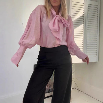 Women’s Blouse – Relaxed Fit – Bow Neckline – Puff Sleeves – Cotton Fabric