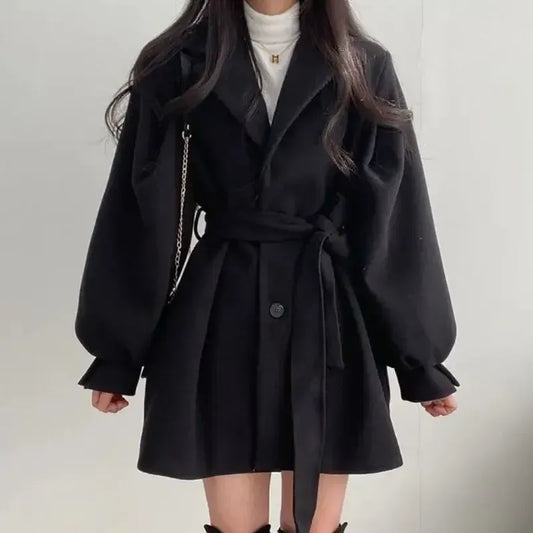 Women’s Trench Coat – Wool Blend – Belted Waist – Wide Lapel – Voluminous Sleeves