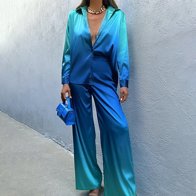 Women’s Two-Piece Set – Satin Look – Tailored Fit – Wide Leg – Belted Waist – Collared