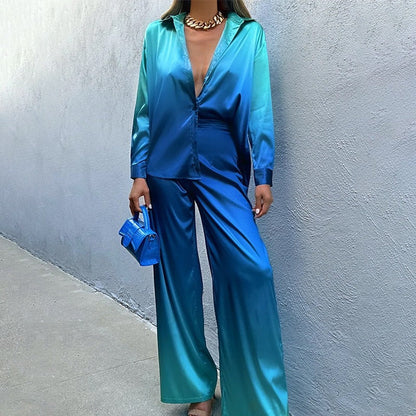 Women’s Two-Piece Set – Satin Look – Tailored Fit – Wide Leg – Belted Waist – Collared