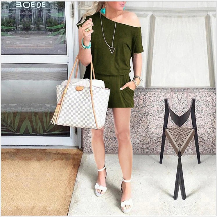 Women’s Romper – Relaxed Fit – Off-Shoulder – Short Sleeve Cotton Blend Casual Wear