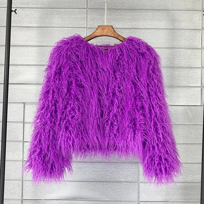 Women’s Short Jacket – Oversized Fit – Shaggy Faux Fur Texture – Casual Outerwear