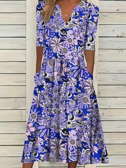 Women’s Maxi Dress – Fit and Flare – V-Neck – Short Sleeve – Floral Print – Breathable Blend