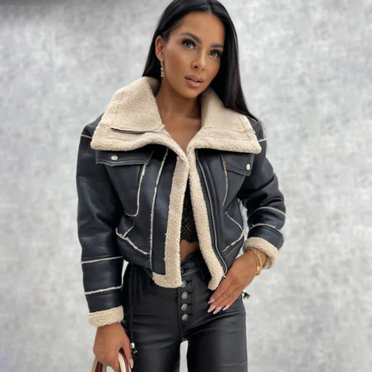 Women’s Cropped Jacket – Faux Leather – Shearling Lined – Oversized Tailored Fit