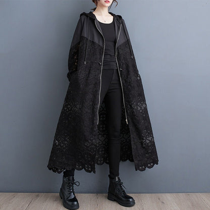 Women’s Maxi Coat - Woven Fabric - Hooded - Lace Panel - Long Sleeve - Drawstring Waist