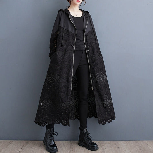 Women’s Maxi Coat - Woven Fabric - Hooded - Lace Panel - Long Sleeve - Drawstring Waist