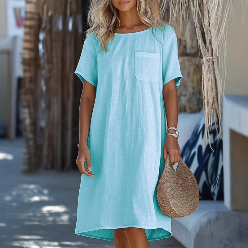 Women’s Midi Dress – Cotton Linen – Relaxed Fit – Round Neck – Short Sleeve Pocket