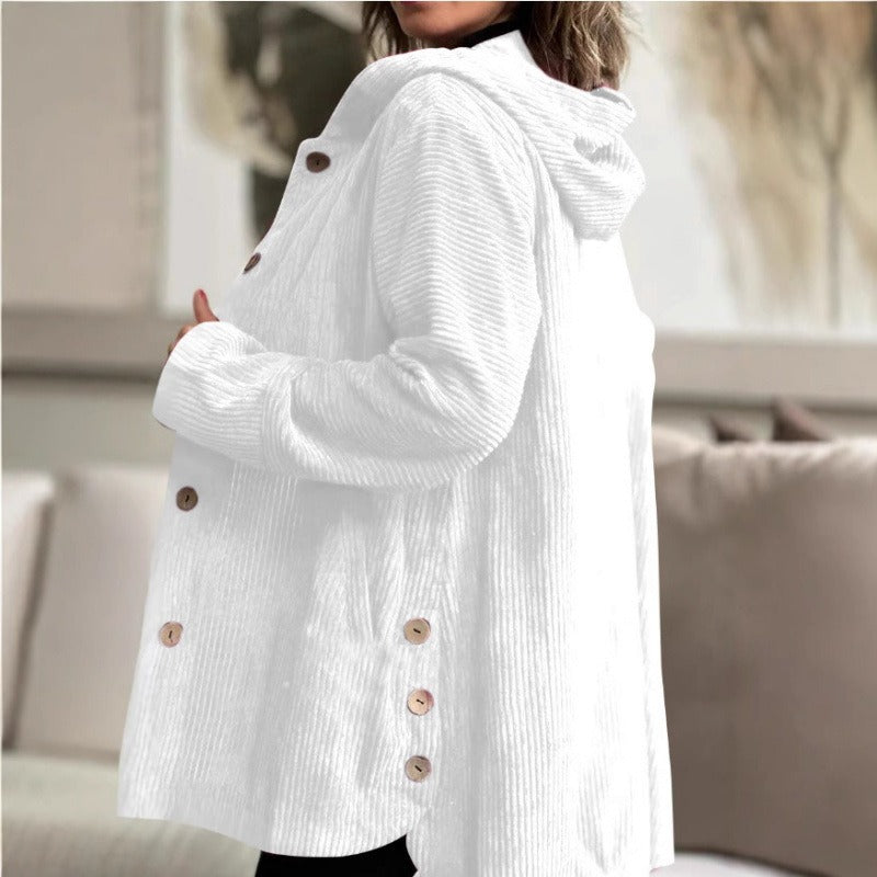 Women’s Casual Jacket – Corduroy Textured – Loose Fit – Hooded Mid-Thigh Length