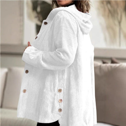 Women’s Casual Jacket – Corduroy Textured – Loose Fit – Hooded Mid-Thigh Length
