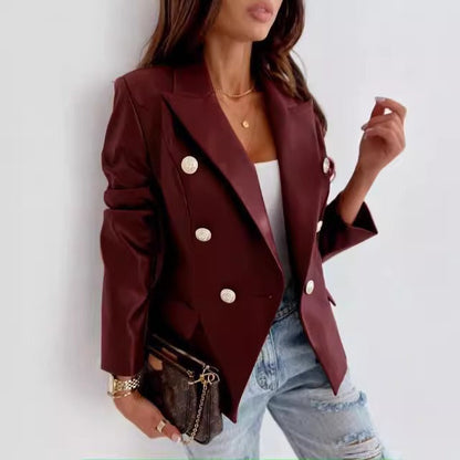 Women’s Blazer – Faux Leather – Double-Breasted – Tailored Fit – Long Sleeve