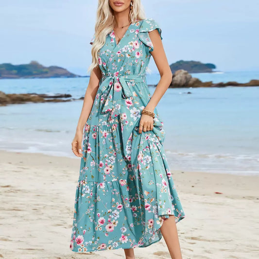 Women’s Midi Dress – V-Neck – Tie Waist – Floral Print – Ruffled Sleeves – Cotton