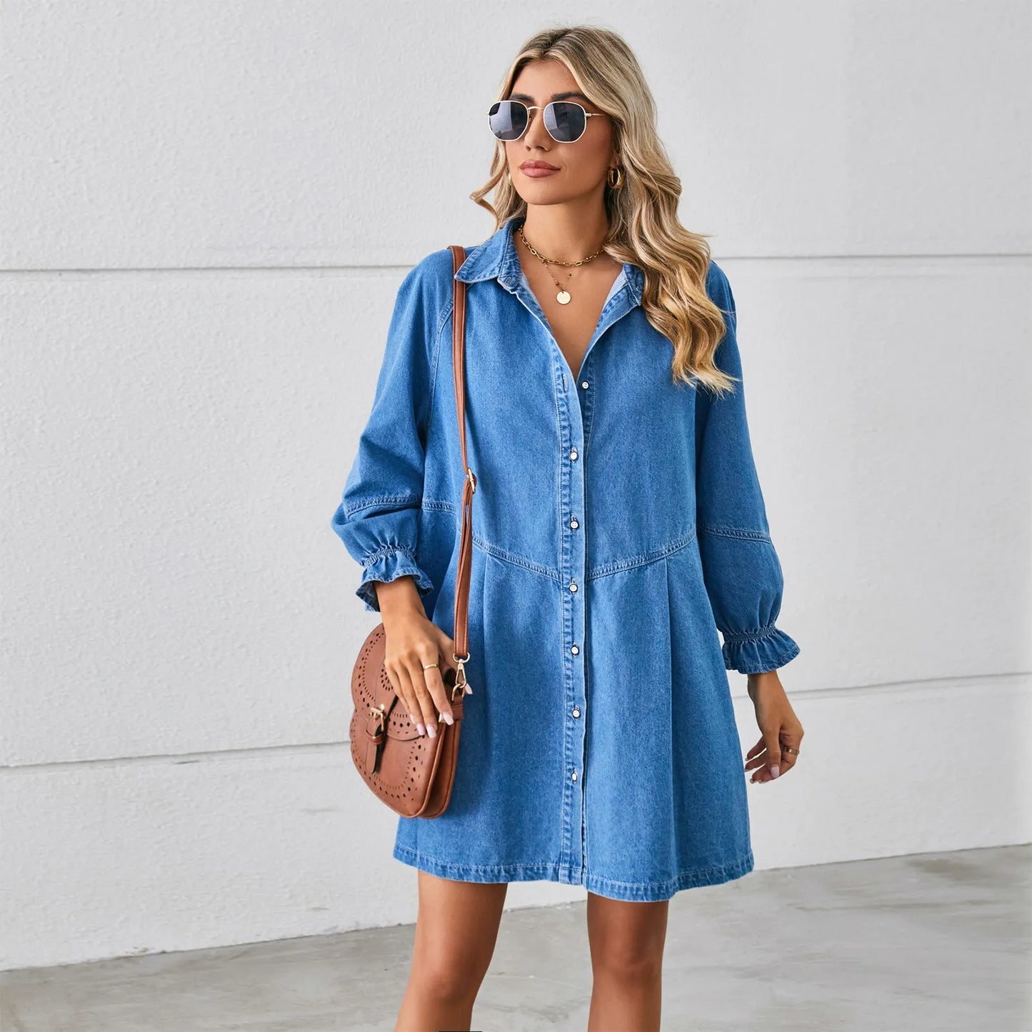Women’s Mini Dress - Denim - Collared V-Neck - Long Puff Sleeve - Button Front