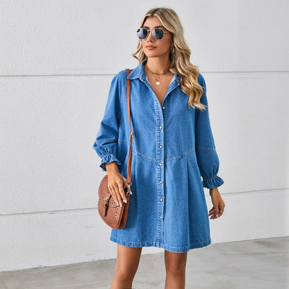 Women’s Mini Dress - Denim - Collared V-Neck - Long Puff Sleeve - Button Front