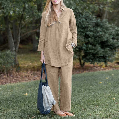Women’s Matching Set – Relaxed Fit Shirt and Pants – Linen Blend – High Waist Wide Leg