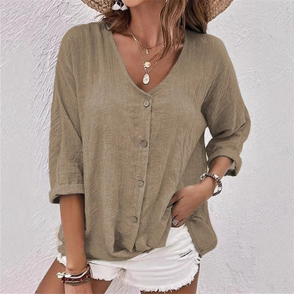 Women’s Blouse – Cotton – Loose Fit – V-Neck Pullover – Elbow Sleeve Casual Top