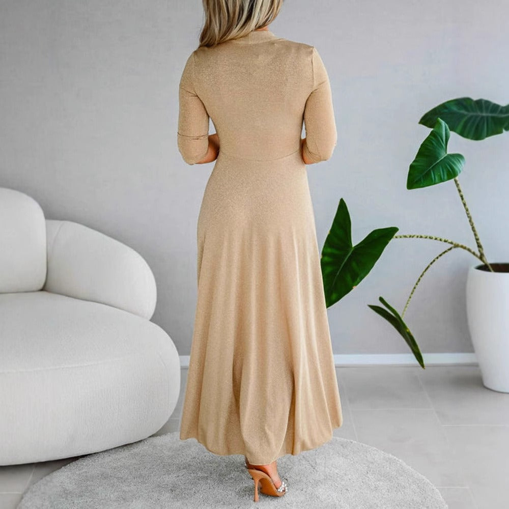 Women’s Maxi Dress – Fit and Flare Wrap – V-Neck – Three-Quarter Sleeve – Soft Stretch