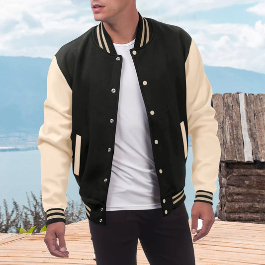 Men’s Varsity Jacket – Wool Blend – Faux Leather Sleeves – Relaxed Fit – Snap Closure