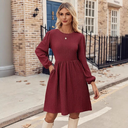 Women’s Knit Dress – Fit and Flare – Jacquard Texture – Puff Sleeve – Round Neckline