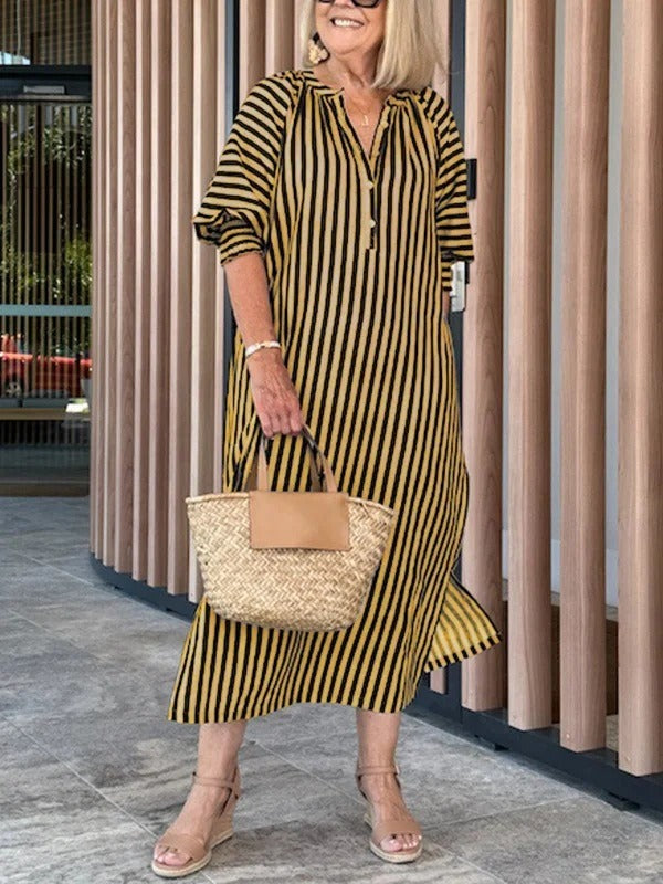 Women’s Midi Dress – Relaxed Fit – V-Neck – Flutter Sleeve – Striped Cotton Blend