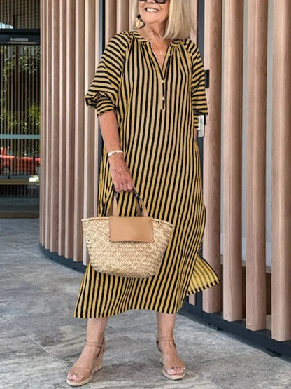 Women’s Midi Dress – Relaxed Fit – V-Neck – Flutter Sleeve – Striped Cotton Blend