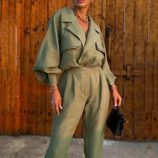 Women’s Suit Set – Relaxed Fit Blazer – High-Waist Tapered Pants – Soft Linnen