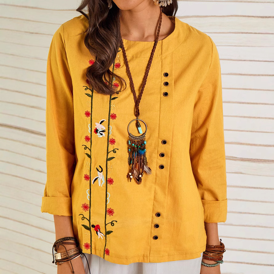 Women’s Blouse – Relaxed Fit – Cotton Linen – Floral Embroidery – 3/4 Sleeve