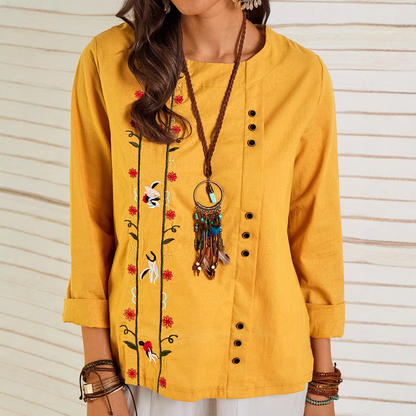 Women’s Blouse – Relaxed Fit – Cotton Linen – Floral Embroidery – 3/4 Sleeve