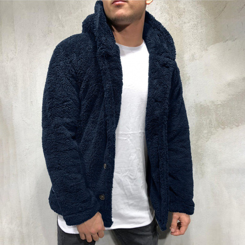 Men’s Hooded Jacket – Fleece Feel – Relaxed Fit – Button Front Casual Layer