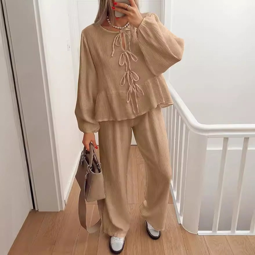 Women’s Two-Piece Set – V-Neck Tie-Bow Top – High-Waist Wide-Leg Pants – Relaxed Fit