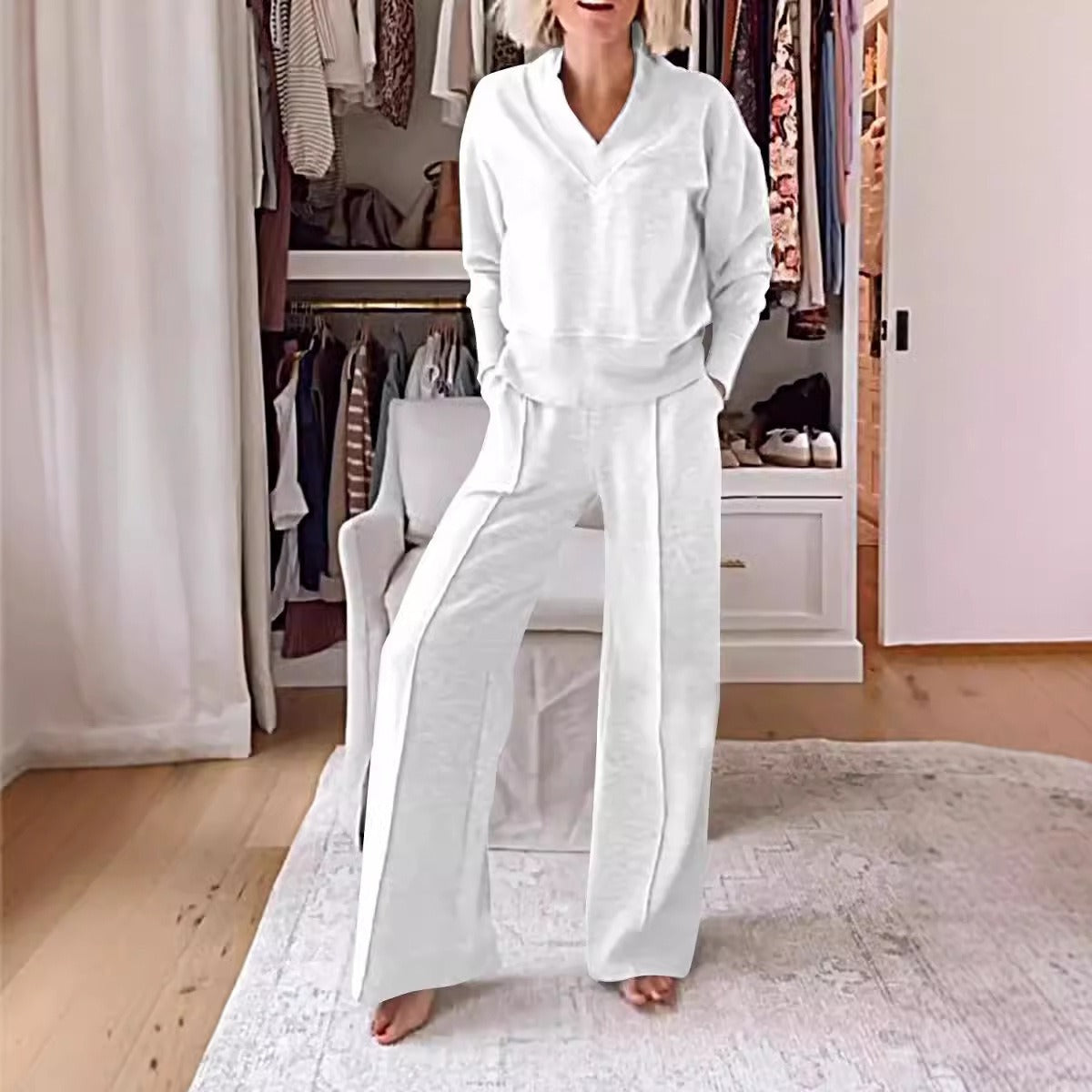 Women’s Two-Piece Set – V-Neck Long Sleeve Top – High Waist Wide-Leg Pants – Knit Fabric