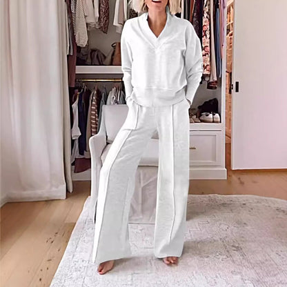 Women’s Two-Piece Set – V-Neck Long Sleeve Top – High Waist Wide-Leg Pants – Knit Fabric