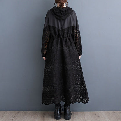 Women’s Maxi Coat - Woven Fabric - Hooded - Lace Panel - Long Sleeve - Drawstring Waist