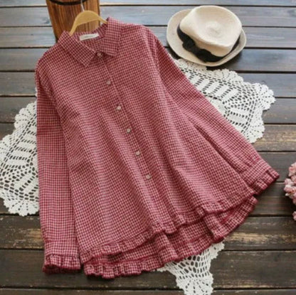 Women’s Button-Down Shirt – Cotton Linen – Loose Fit – A-Line Ruffle Hem – Checkered
