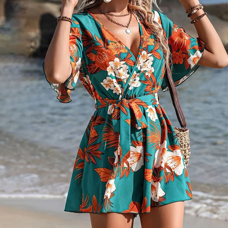 Women’s Romper – Floral Print – Wrap V-Neck – Ruffled Sleeves – Belted Waist – Short Fit