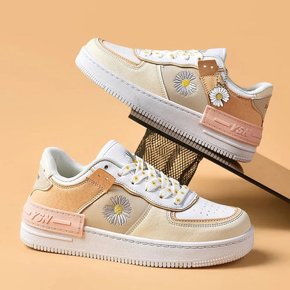 Women’s Low-Top Sneakers – Leather Look – Cushioned Sole – Removable Charm – Breathable