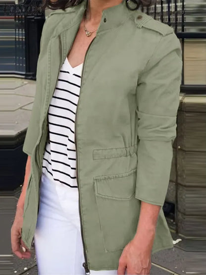 Women’s Cargo Jacket – Cotton – Relaxed Fit – Zip Front – Stand Collar – Flap Pockets